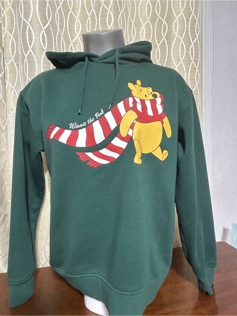 Disney Green Winnie the Pooh Crewneck Sweatshirt with Red & White Scarf Graphic